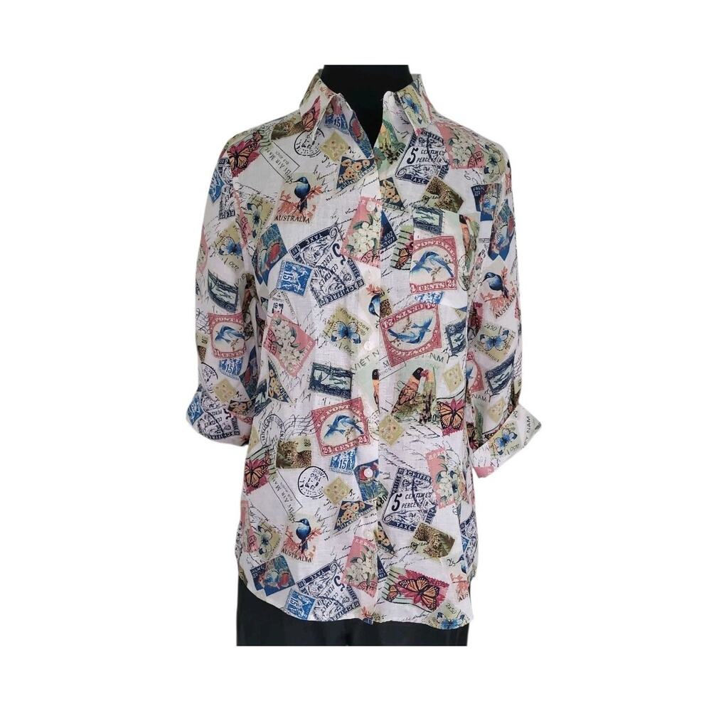 Chico’s Linen Button Up Shirt Stamp Print Women’s 1